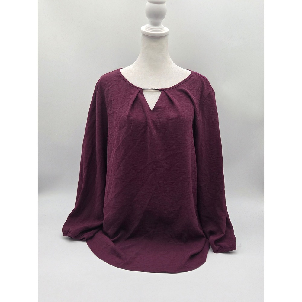 Fortune + Ivy Women's L Burgundy Long Sleeve Keyhole Blouse 101-287